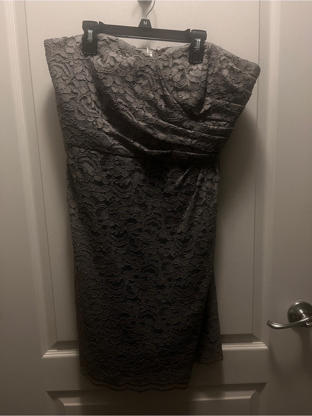 David's Bridal Strapless Lace Sheath Dress in Gray